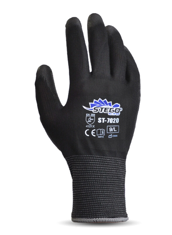 

Stego 36-Piece Mechanical & Multipurpose PU Coated Safety Gloves for Dry and Oily Environments, St-7020, Black, Large