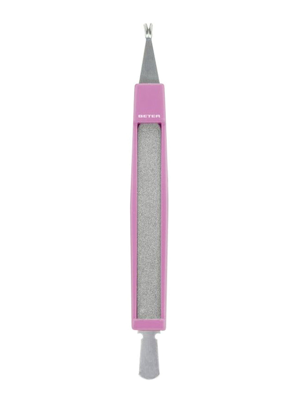 Beter Triple-Use Cuticle Cutter with Cuticle Pusher & File, Pink/Silver