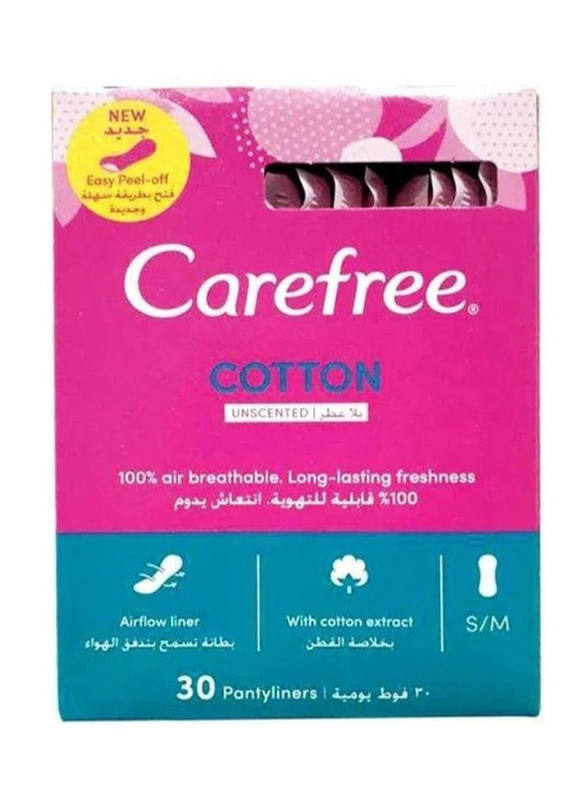 Carefree Unscented Cotton Pantyliners, 30 Pieces