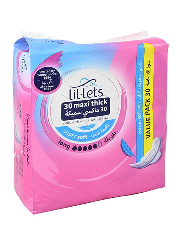 

Lil-Lets Maxi Thick Super-Soft Sanitary Pads, White, 30 Pieces