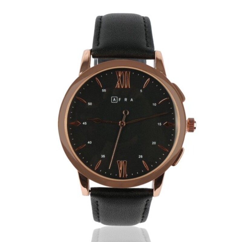 AFRA Dazzler Gentleman’s Watch, Japanese Quartz, Rose Gold Stainless Steel Case, Leather Strap, Water Resistant 30m