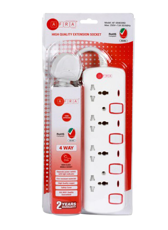 AFRA Japan Universal Extension Cord, 4 Way 3M, 4 Universal Sockets, 3 Meter Cable, Shock proof, 250V, ESMA, ROHS, and CB Certified with 2 Years Warranty