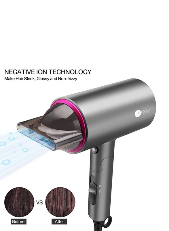 AFRA Hair Dryer, AF-1400HDPG, 1400W, DC Motor, Cool Shot Function, Concentrator, Ionic Function, Multiple Temperature Settings, Foldable handle & With hanging-up loop, AF-1400HDPG, 2-year warranty.