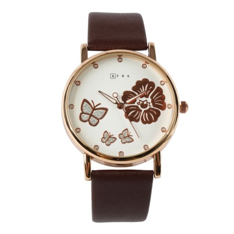 AFRA ELANOR LADIES WATCH ROSE GOLD CASE WHITE DIAL BROWN LEATHER