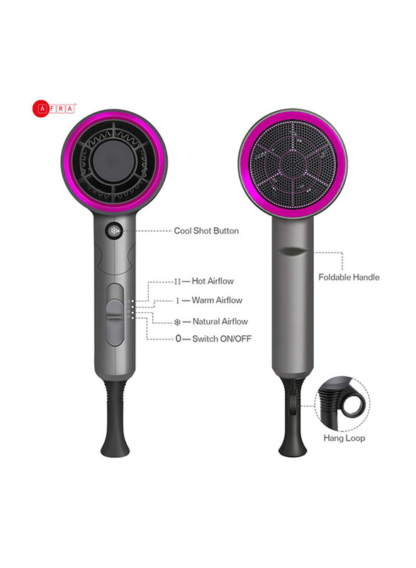 AFRA Hair Dryer, AF-1400HDPG, 1400W, DC Motor, Cool Shot Function, Concentrator, Ionic Function, Multiple Temperature Settings, Foldable handle & With hanging-up loop, AF-1400HDPG, 2-year warranty.