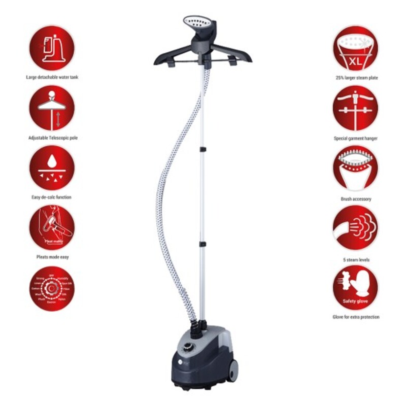 AFRA Garment Steamer with Iron Board 1.6L 1950W 30s Heating time, Black & Grey, 32g/Mins Air output, Adjustable Telescopic Pole, 41 to 110 cm stand height, AF-1950GSGB, 2 Year Warranty.