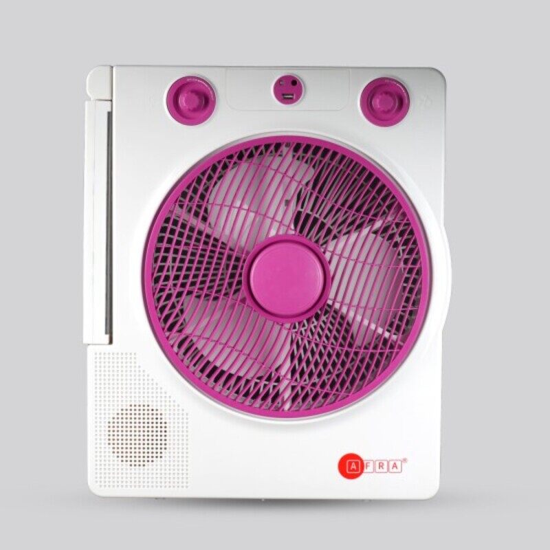

AFRA Portable Compact Fan, 220-240V, 12’’, Rechargeable, Adjustable, Wide Angle Coverage, LED Light, USB Ports, Solar Charging Jack, Power Saving, AF-