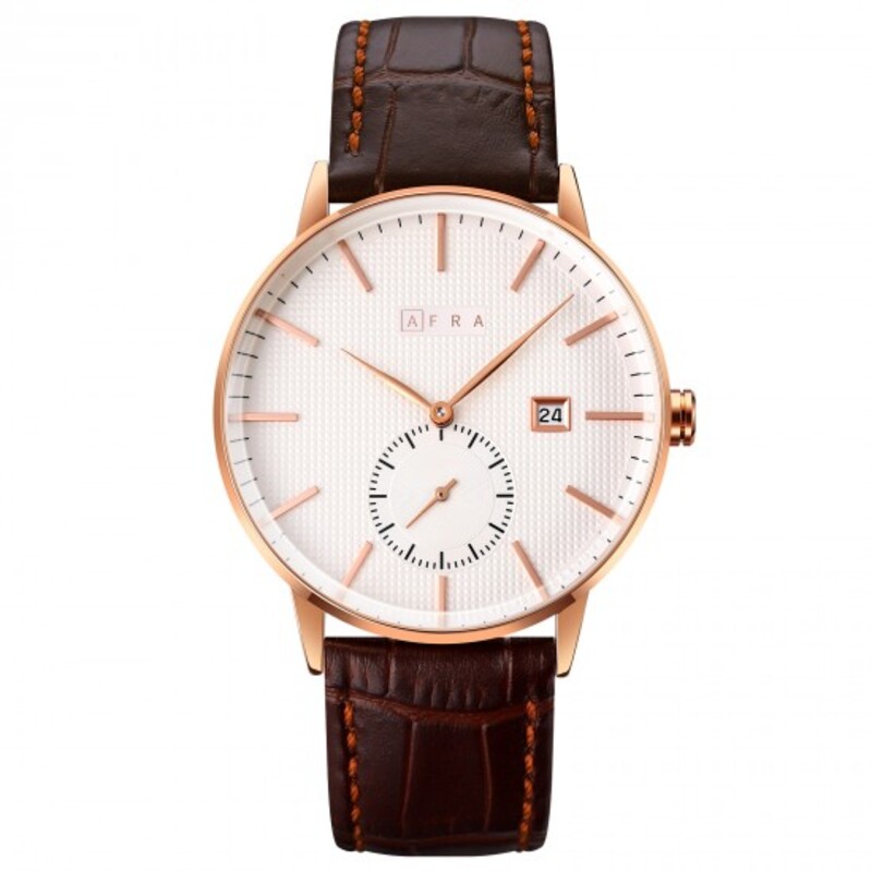 AFRA RADIUS GENTS WATCH ROSE GOLD CASE WHITE DIAL BROWN LEATHER