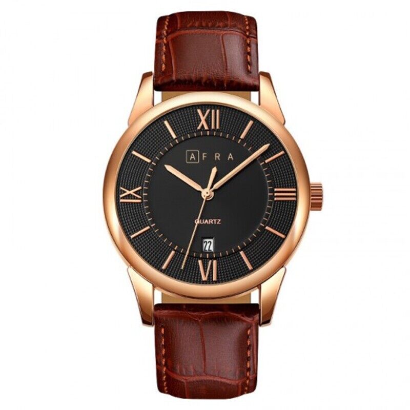 

AFRA OBERON GENTS WATCH ROSE GOLD CASE BLACK DIAL BROWN LEATHER