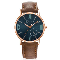 AFRA TRITON GENTS WATCH ROSE GOLD CASE BLUE DIAL BROWN LEATHER
