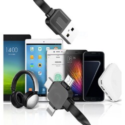 AFRA Retractable USB charging cable, 1.5A, Three-in-one, USB A to Micro-USB + Type C + iPhone connector, 1.2-meter length, Durable, Tangle Free, Black ABS+TPE Construction
