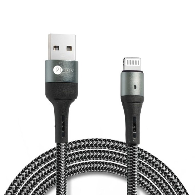 AFRA USB Charging Cable, 2.4A, Nylon-Braided Jacket, With Data Transmission, USB A to iPhone Connector, 1 meter length, Durable, Heat Resistant, Compatible with iPhone, iPad, iPod AF-0003LIGC