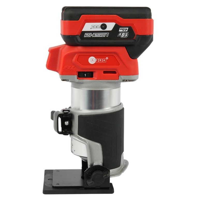 AFRA CORDLESS INCLINED BASE TRIMMER 18V, 10000-30000r/min, Collet Size 6-8mm, Cutting Depth 0-8mm, Brushless Motor, Voltage Protection, Model AFT-18IB-68CDRD, 1 Year Warranty