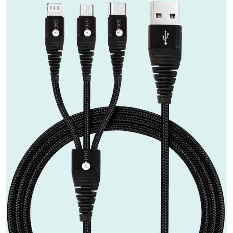 AFRA USB Charging Cable, 2.4A, Nylon-Braided Jacket, With Data Transmission, USB A to Micro-USB + Type C + iPhone connector, 1.2-meter length, Durable, Tangle Free