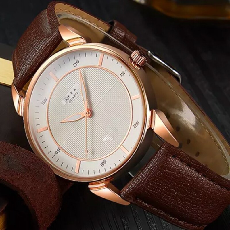AFRA Conrad Gentleman’s Watch, Design, Rose Gold Metal Alloy Case, Leather Strap, Water Resistant 30m