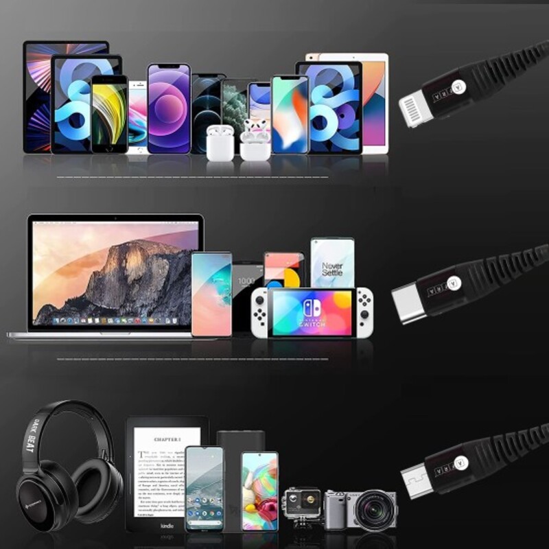 AFRA USB Charging Cable, 2.4A, Nylon-Braided Jacket, With Data Transmission, USB A to Micro-USB + Type C + iPhone connector, 1.2-meter length, Durable, Tangle Free