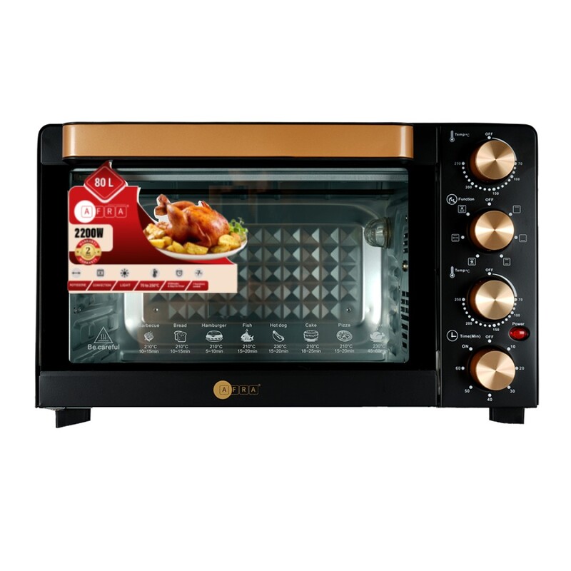 AFRA Electric Oven Toaster, 80L, 2200w Convection Rotisserie & Oven Lamp, 4 Knobs Tray, Rack, Handle, 7-Functions control, Adjustable Thermostat 70 to 250C, AF-8022OTBK, 2-Year Warranty