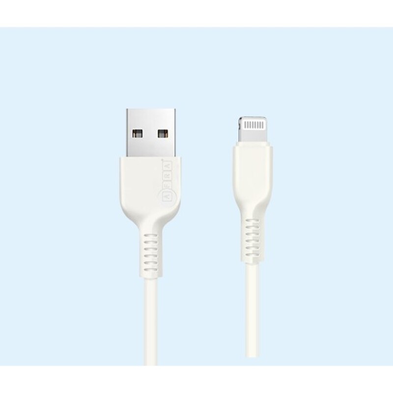 AFRA USB Charging Cable, White, 2.4A, With Data Transmission, USB A to iPhone Connector, 1 meter length, Durable, Heat Resistant, PVC Serrated Cable Cord, Compatible with iPhone, iPad, iPod.