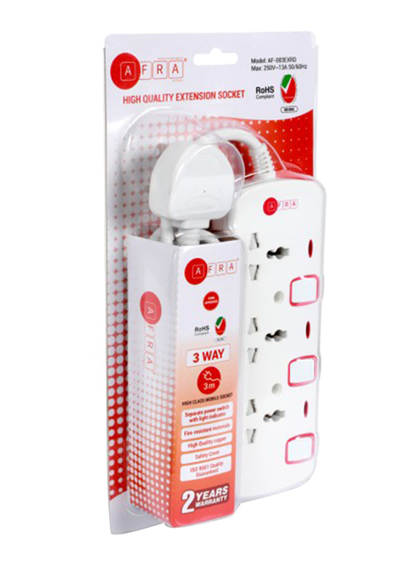 Afra 3-Way Japan Universal UK Plug Extension Cord Sockets, 3-Meter Cable, 250V with Easy Set-Up & Storage Shock Proof, White