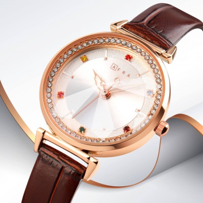 AFRA GEMMA LADIES WATCH ROSE GOLD CASE WHITE DIAL BROWN LEATHER