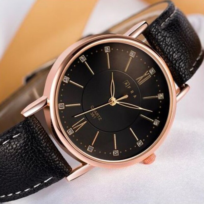 AFRA Kara Lady’s Watch, Lightweight Rose Gold Metal Case, Leather Strap, Water Resistant 30m