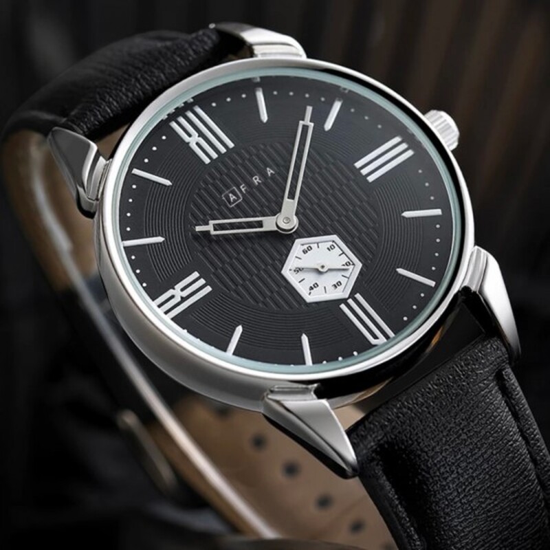 AFRA MOMENT GENTS WATCH SILVER CASE BLACK DIAL BLACK LEATHER