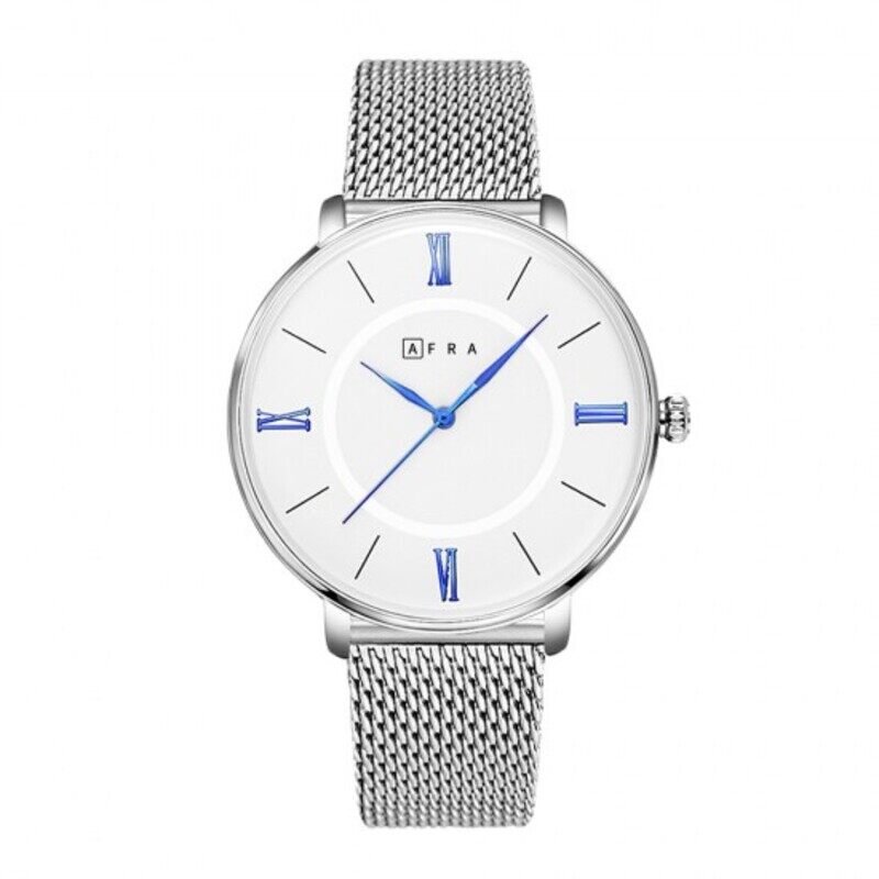 AFRA AMBROSE GENTS WATCH SILVER CASE WHITE DIAL SILVER MESH BRACELET