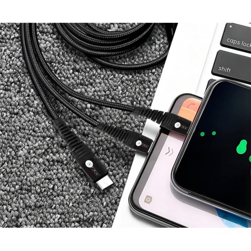 AFRA Japan USB Charging Cable, 2.4A, Nylon-Braided Jacket, With Data Transmission, USB A to Micro-USB + Type C + Lightning Connector, 1.2-meter length, Durable, Tangle Free