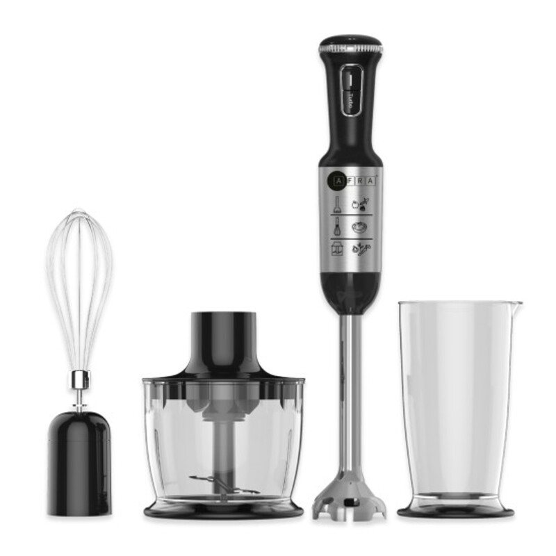 AFRA Hand Blender Set, 1200W, 4 in 1, Stainless Steel, 2 Speed, Black & Silver, Chopper, Whisk, Mixing Cup, GMARK, ESMA, RoHS, And CB, AF-1240BLSSET, With 2 Years Warranty