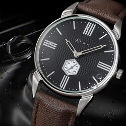 AFRA MOMENT GENTS WATCH SILVER CASE BLACK DIAL BROWN LEATHER