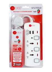 Afra 2-Way Japan Universal UK Plug Extension Cord Sockets, 3-Meter Cable with 250V 2 USB Ports & Plastic Housing, White