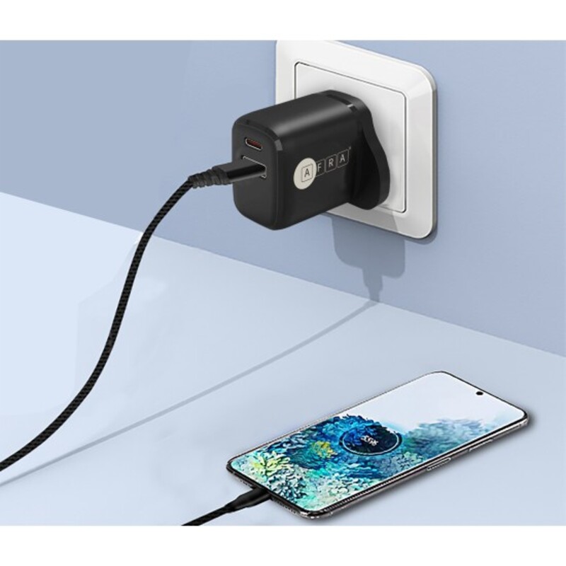AFRA Japan USB Wall Charger, 20W, 3A Charging Speed, Dual Ports, USB A, USB C, Fast Charging, Light, Overheat and Short Circuit Protection, Compact Design