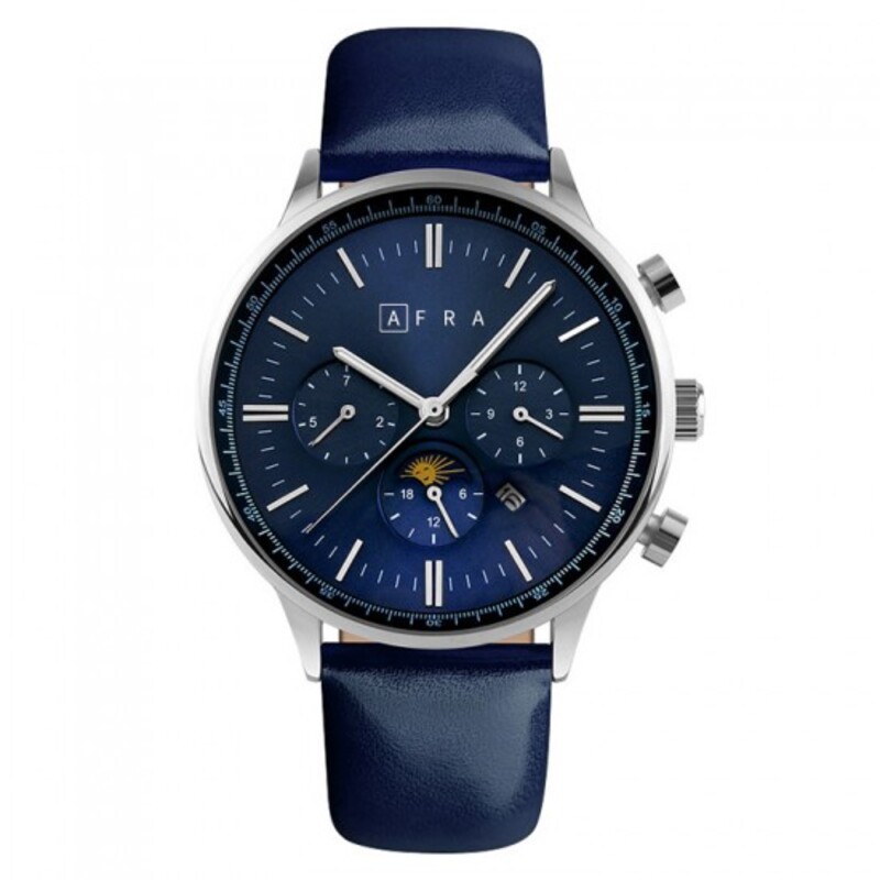 AFRA CRESCENT GENTS WATCH SILVER CASE BLUE DIAL BLUE LEATHER