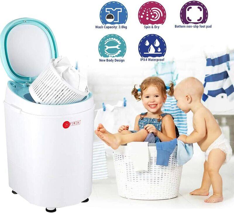 AFRA Baby Washing Machine, 3.6kg Wash, 2kg Spin Capacity, Non-Slip Foot Pad, Elution Separation, Waterproof Motor, Leak-Proof Inlet, AF-3024BWST, 1 Year Warranty.