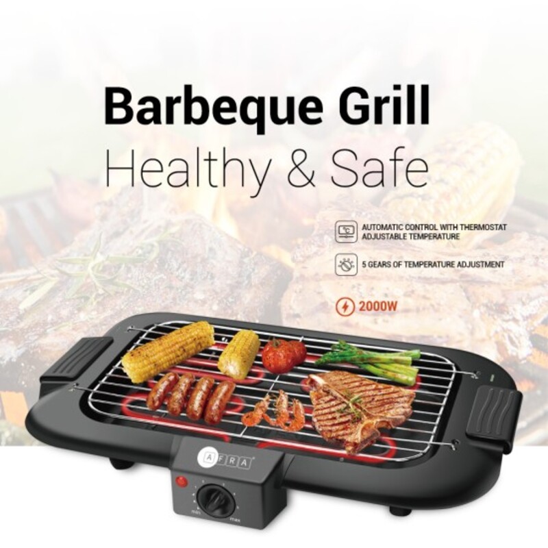 AFRA Japan Electric Barbeque Grill, 2000W, Indoor and Outdoor, Thermostat Control, Overheat Protection, Portable, Smoke Free, G-MARK, ESMA, ROHS, and CB Certified, 2 years Warranty.