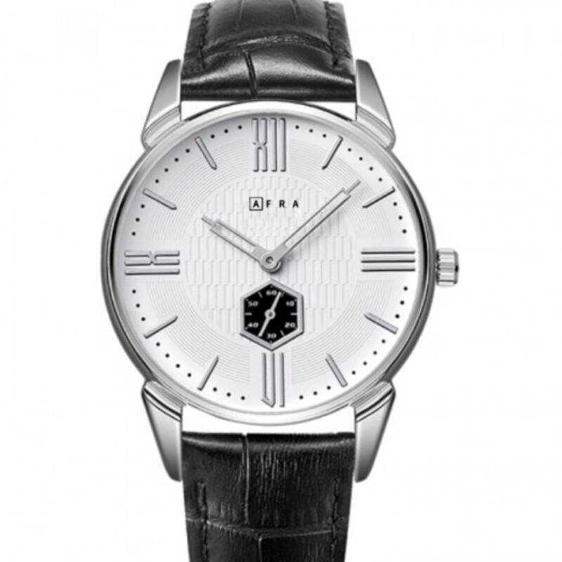 AFRA MOMENT GENTS WATCH SILVER CASE WHITE DIAL BLACK LEATHER