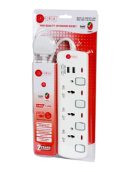 Afra 3-Way Japan Universal UK Plug Extension Cord Sockets, 3-Meter Cable with 250V 2 USB Ports & Shockproof Design, White