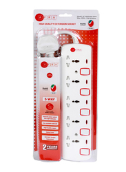 Afra 5-Way Japan Universal UK Plug Extension Cord Sockets, 5-Meter Cable, 250V with Easy Set-Up & Storage Shock Proof, White