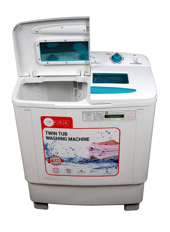 AFRA Washing Machine-Top Load, 360W, 7.5 Kg, Twin Tub, Semi-Automatic, Freestanding, Compact Design, Durable Plastic Housing, Washing ESMA, ROHS, and CB Certified, AF-7552WMWT, 2 years Warranty