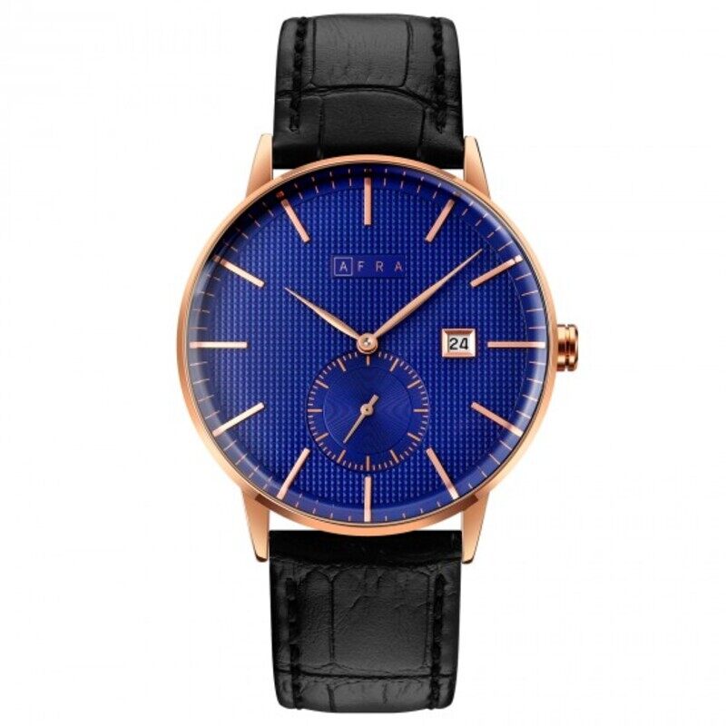 

AFRA RADIUS GENTS WATCH ROSE GOLD CASE BLUE DIAL BLACK LEATHER