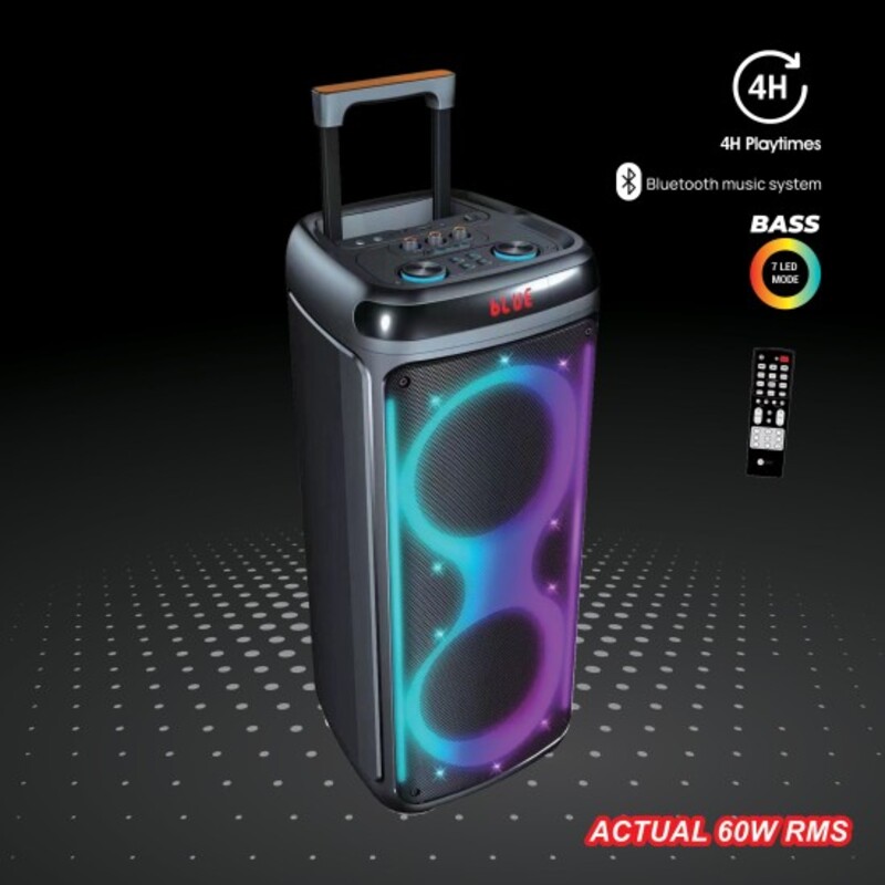 AFRA Trolley Speaker, 60 Watts, 6.5kg, Black, 4000Ma Battery, Dual Speakers, True Wireless Stereo, AF-60TSBK, ESMA Approved, 2 Years Warranty