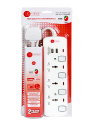 Afra 3-Way Japan Universal UK Plug Extension Cord Sockets, 3-Meter Cable with 250V 2 USB Ports & Shockproof Design, White