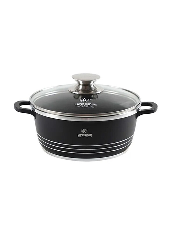 

Life Smile 32cm Aluminium Classic Round Soup Pot with Lid, Black/Silver