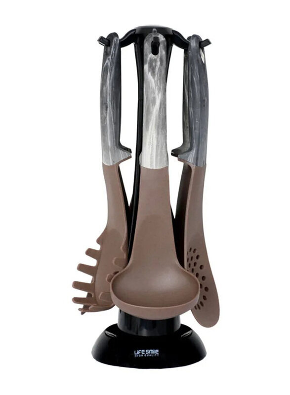 

Life Smile 6-Piece Spatula & Turner Set With Stand, Grey/Brown/Black