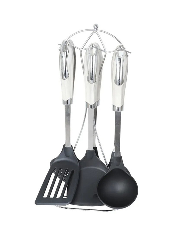 Life Smile 6-Piece Spatula & Turner Set with Stand, White/Black/Silver