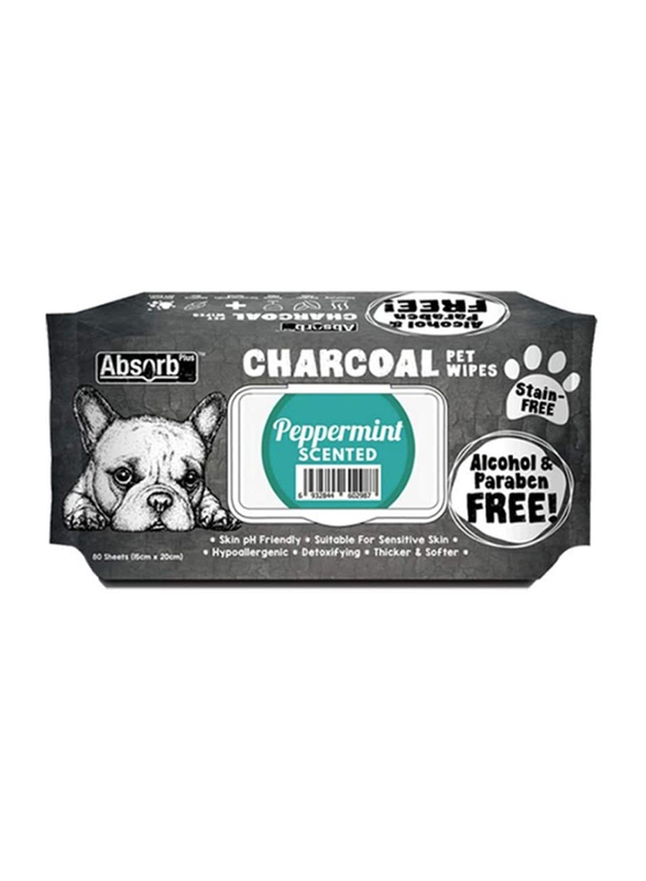 Absolute Pet Absorb Plus Charcoal Pet Wipes with Peppermint Scent, 80 Sheets, White