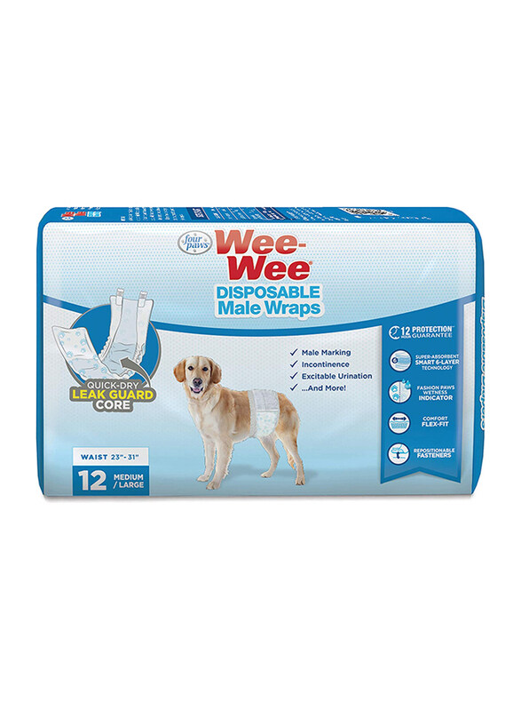 

Four Paws Wee-wee Disposable Male Dog Wraps, Medium/Large, 12 Pieces, White