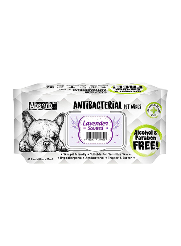 Absolute Pet Absorb Plus Antibacterial Pet Wipes with Lavender Scent, 80 Sheets, White