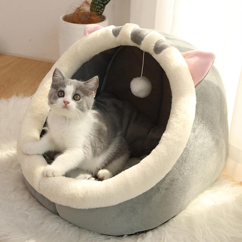 Grizzly Cat Cave Grey Plush + Cotton Grey Cat Bed - Large 45 x 45 x 40cm