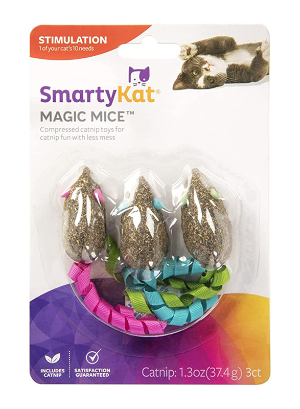 Smartykat Magic Mice Compressed Pure & Potent Catnip and Ribbon Cat Toy, 3 Pieces, Multicolour